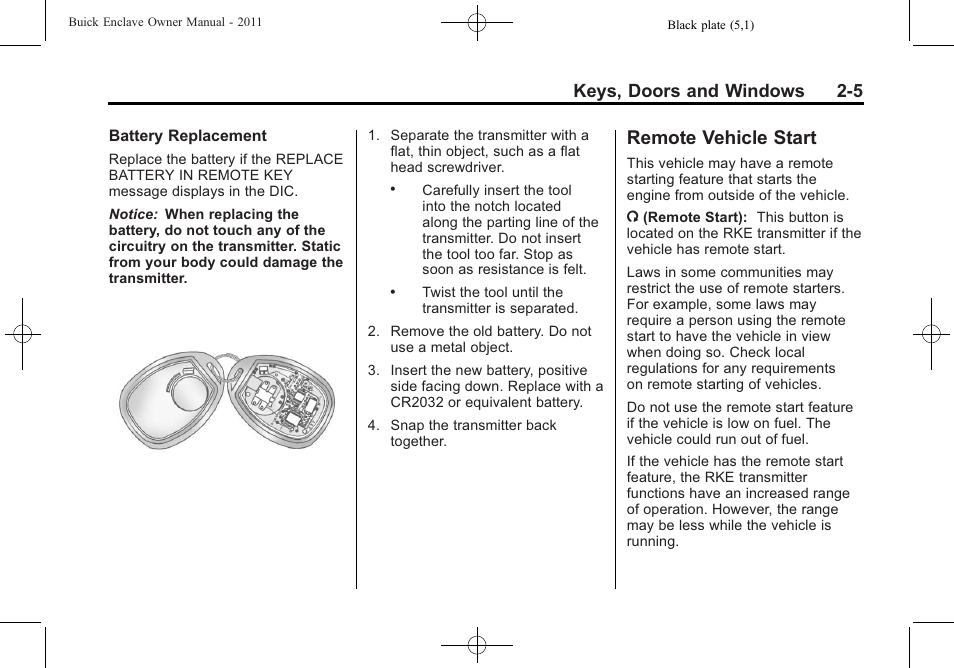 Remote vehicle start, Remote vehicle start -5, Folding | Keys, doors and windows 2-5 | Buick 2011 Enclave User Manual | Page 33 / 434