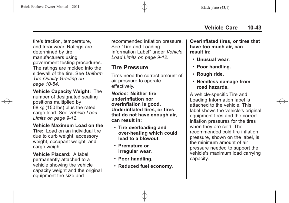 Tire pressure, Tire pressure -43, Vehicle care 10-43 | Buick 2011 Enclave User Manual | Page 335 / 434