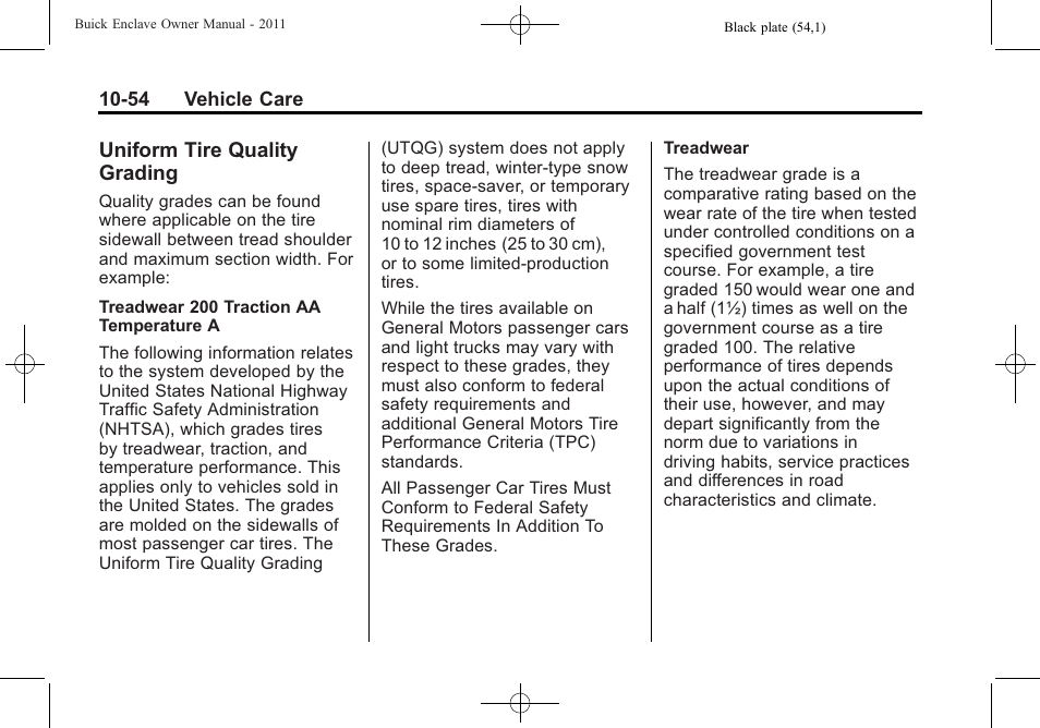 Uniform tire quality grading, Uniform tire quality, Grading -54 | Exterior | Buick 2011 Enclave User Manual | Page 346 / 434