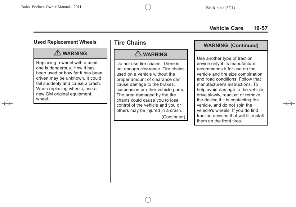 Tire chains, Tire chains -57 | Buick 2011 Enclave User Manual | Page 349 / 434
