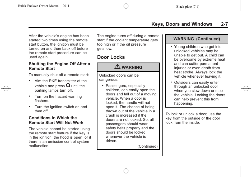 Door locks, Door locks -7, Keys, doors and windows 2-7 | Buick 2011 Enclave User Manual | Page 35 / 434