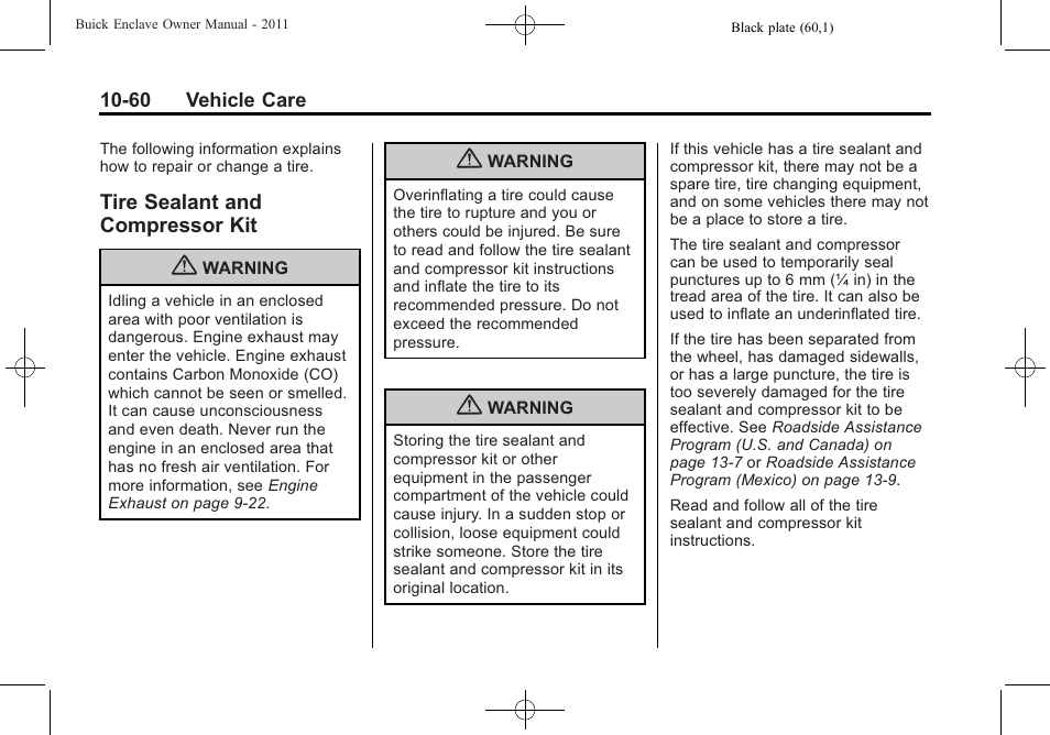 Tire sealant and compressor kit, Tire sealant and, Compressor kit -60 | Genuine | Buick 2011 Enclave User Manual | Page 352 / 434