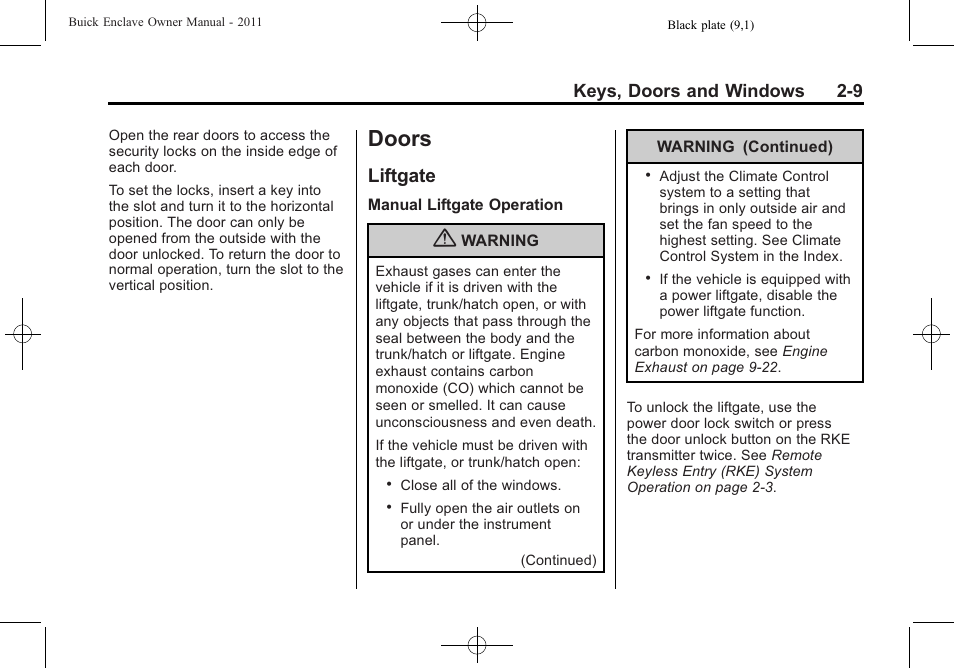 Doors, Liftgate, Doors -9 | Storage, Liftgate -9, Automatic, Keys, doors and windows 2-9 | Buick 2011 Enclave User Manual | Page 37 / 434