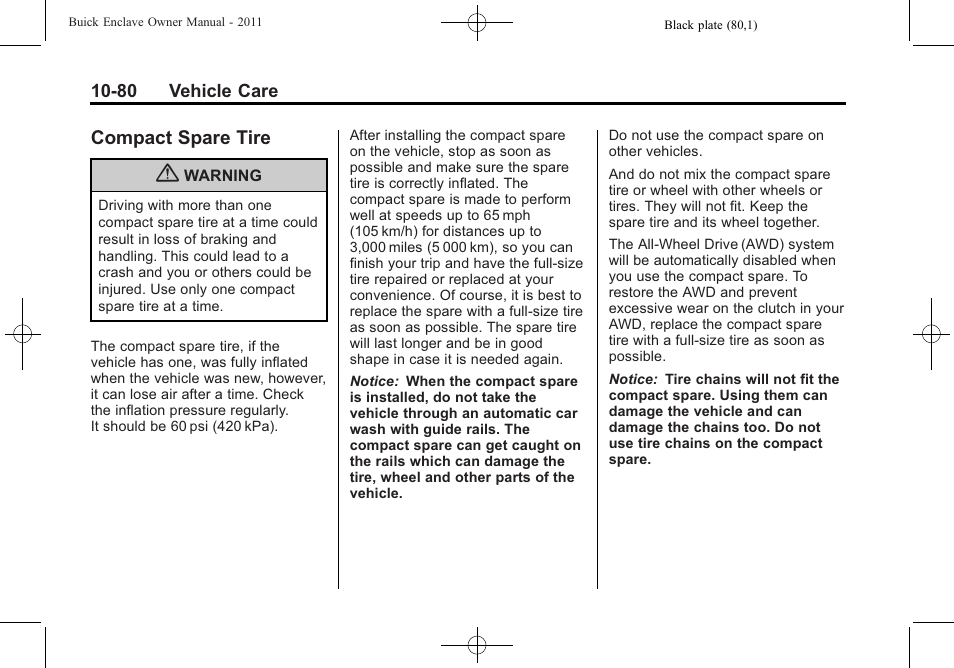 Compact spare tire, Compact spare tire -80 | Buick 2011 Enclave User Manual | Page 372 / 434