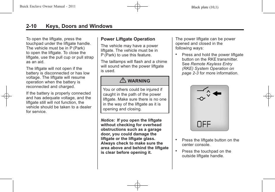 10 keys, doors and windows | Buick 2011 Enclave User Manual | Page 38 / 434