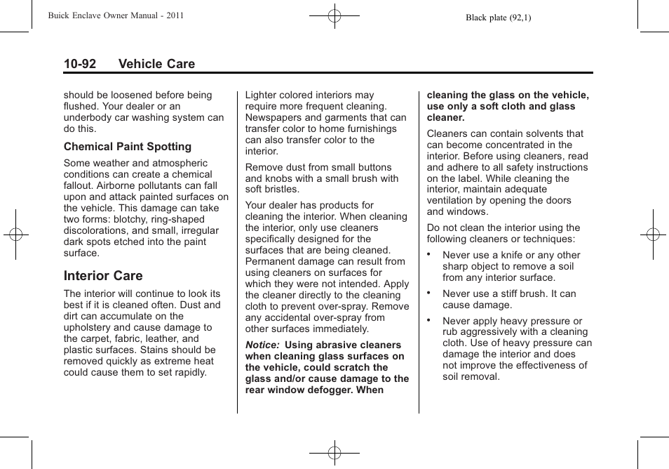 Interior care, Interior care -92, 92 vehicle care | Buick 2011 Enclave User Manual | Page 384 / 434