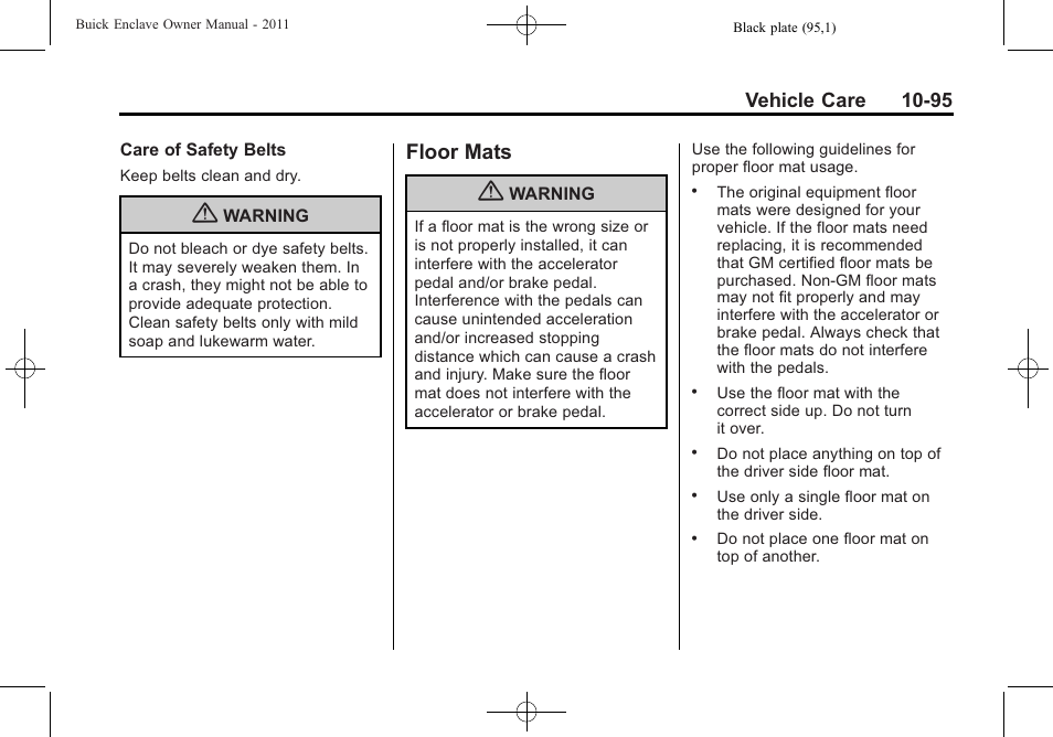 Floor mats, Floor mats -95, Vehicle care 10-95 | Buick 2011 Enclave User Manual | Page 387 / 434