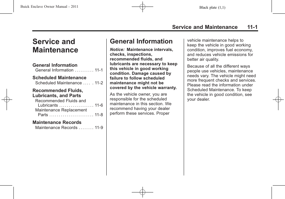 Service and maintenance, General information, Service and maintenance -1 | Information -1 | Buick 2011 Enclave User Manual | Page 389 / 434