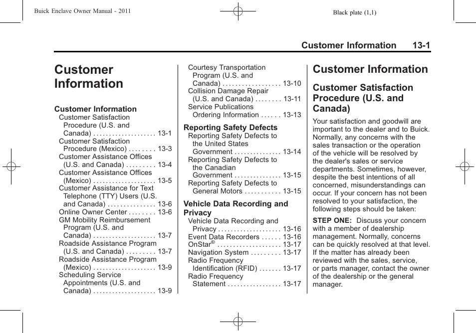 Customer information, Customer satisfaction procedure (u.s. and canada), Customer information -1 | Information -1, Customer information 13-1 | Buick 2011 Enclave User Manual | Page 405 / 434