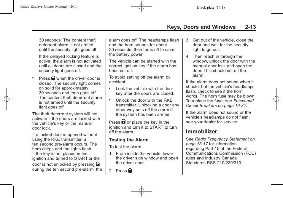 Immobilizer, Immobilizer -13, Keys, doors and windows 2-13 | Buick 2011 Enclave User Manual | Page 41 / 434