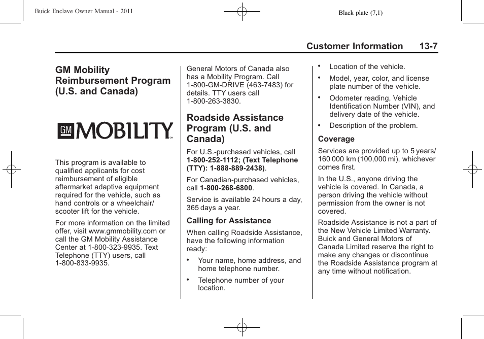 Roadside assistance program (u.s. and canada), Gm mobility reimbursement, Program (u.s. and canada) -7 | Roadside assistance program, U.s. and canada) -7, Navigation, Customer information 13-7 | Buick 2011 Enclave User Manual | Page 411 / 434