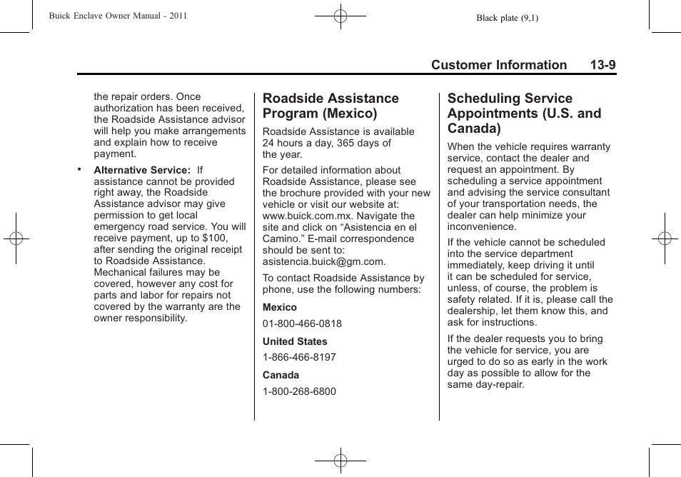 Roadside assistance program (mexico), Scheduling service appointments (u.s. and canada), Roadside assistance program | Mexico) -9, Scheduling service, Appointments (u.s. and canada) -9, Customer information 13-9 | Buick 2011 Enclave User Manual | Page 413 / 434