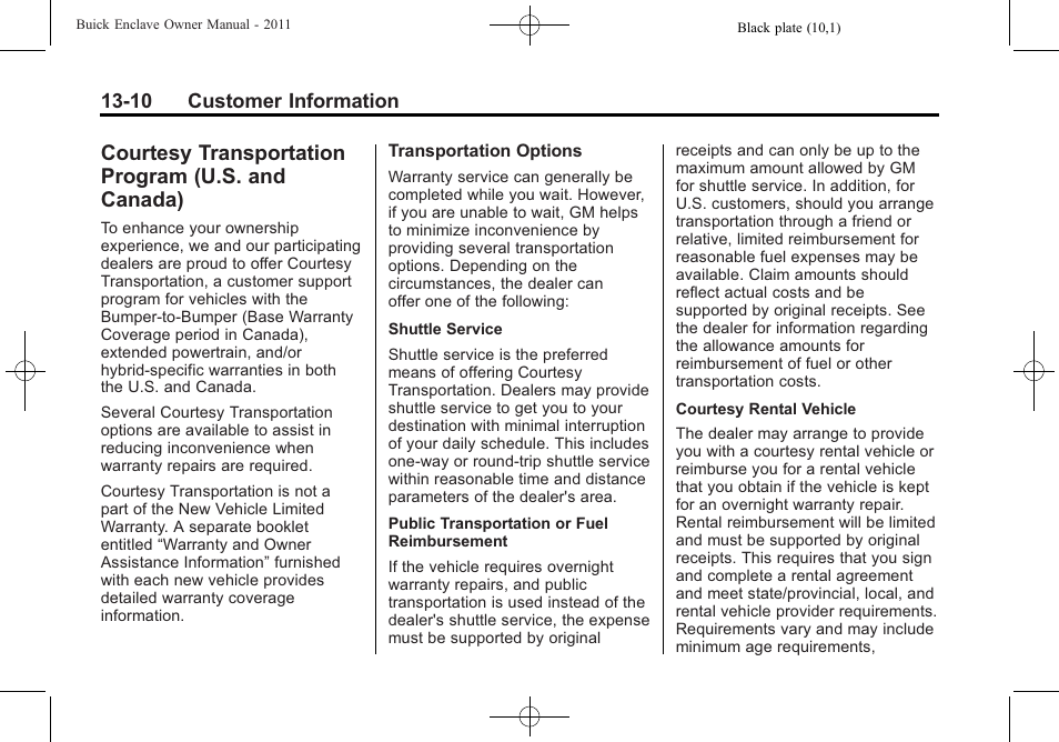 Courtesy transportation program (u.s. and canada), Courtesy transportation, Program (u.s. and canada) -10 | Buick 2011 Enclave User Manual | Page 414 / 434