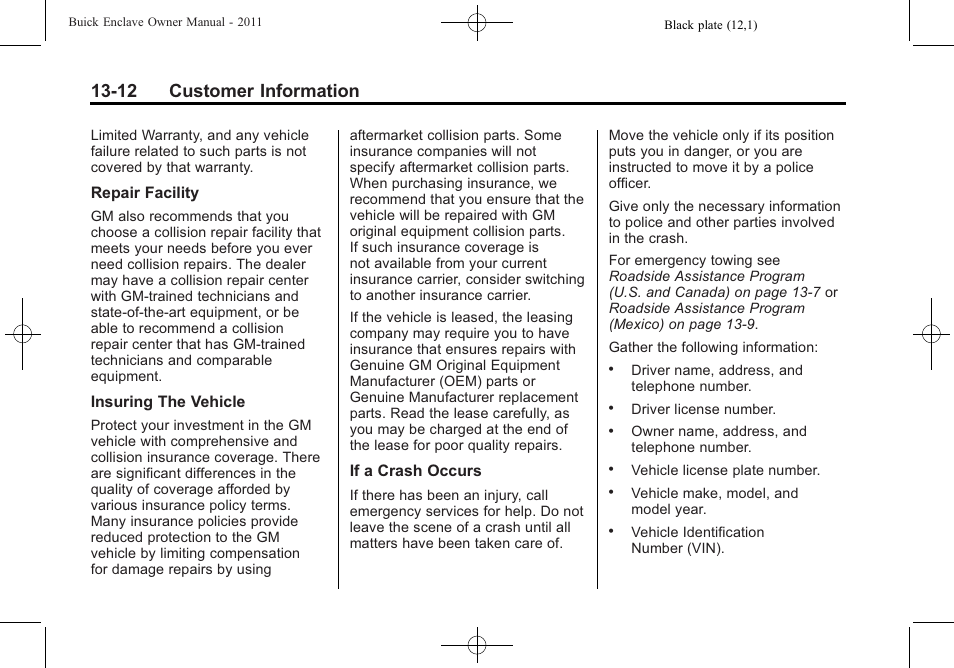 12 customer information | Buick 2011 Enclave User Manual | Page 416 / 434