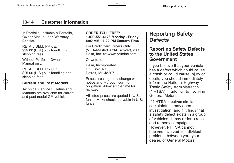 Reporting safety defects, Reporting safety defects -14, Reporting safety defects to | The united states government -14 | Buick 2011 Enclave User Manual | Page 418 / 434