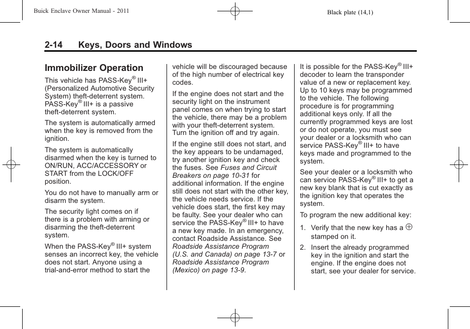 Immobilizer operation, Immobilizer operation -14, 14 keys, doors and windows | Buick 2011 Enclave User Manual | Page 42 / 434