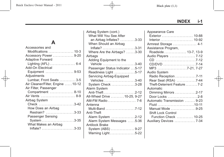 Index, Index_a, Index i-1 | Buick 2011 Enclave User Manual | Page 423 / 434