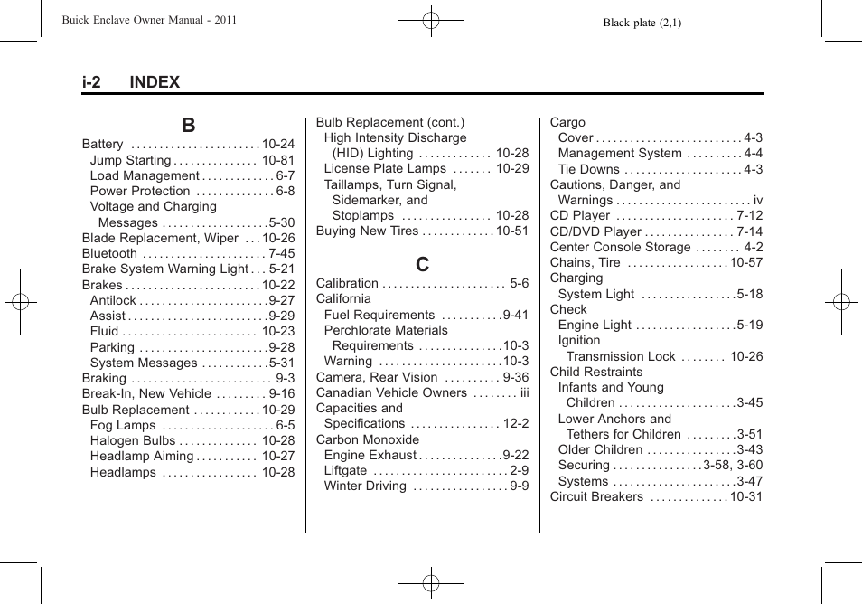 Index_b, Index_c, I-2 index | Buick 2011 Enclave User Manual | Page 424 / 434
