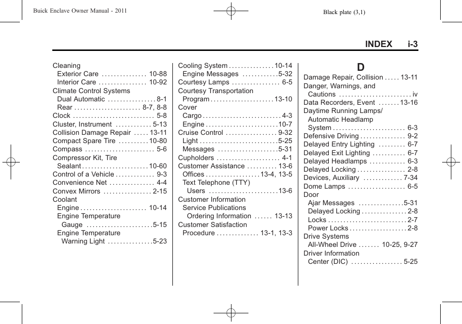 Index_d, Index i-3 | Buick 2011 Enclave User Manual | Page 425 / 434