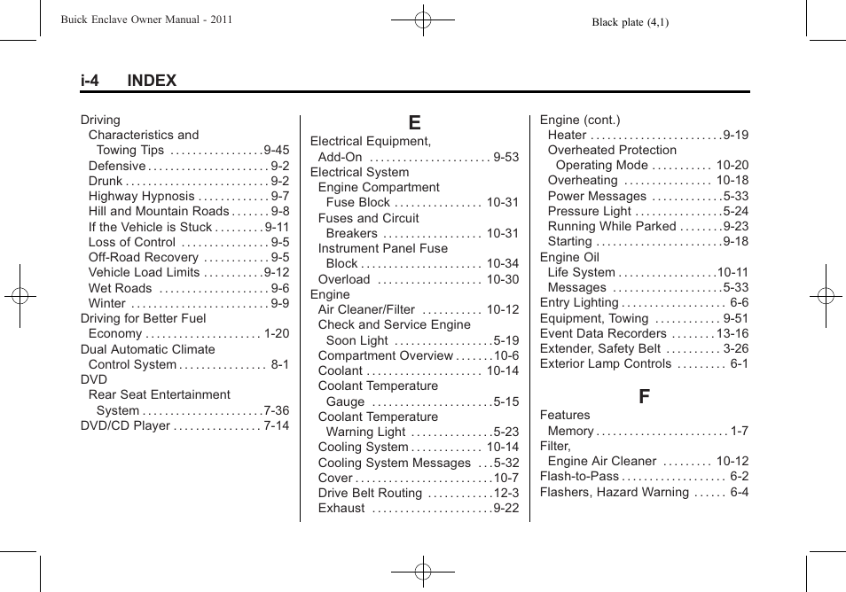 Index_e, Index_f, I-4 index | Buick 2011 Enclave User Manual | Page 426 / 434
