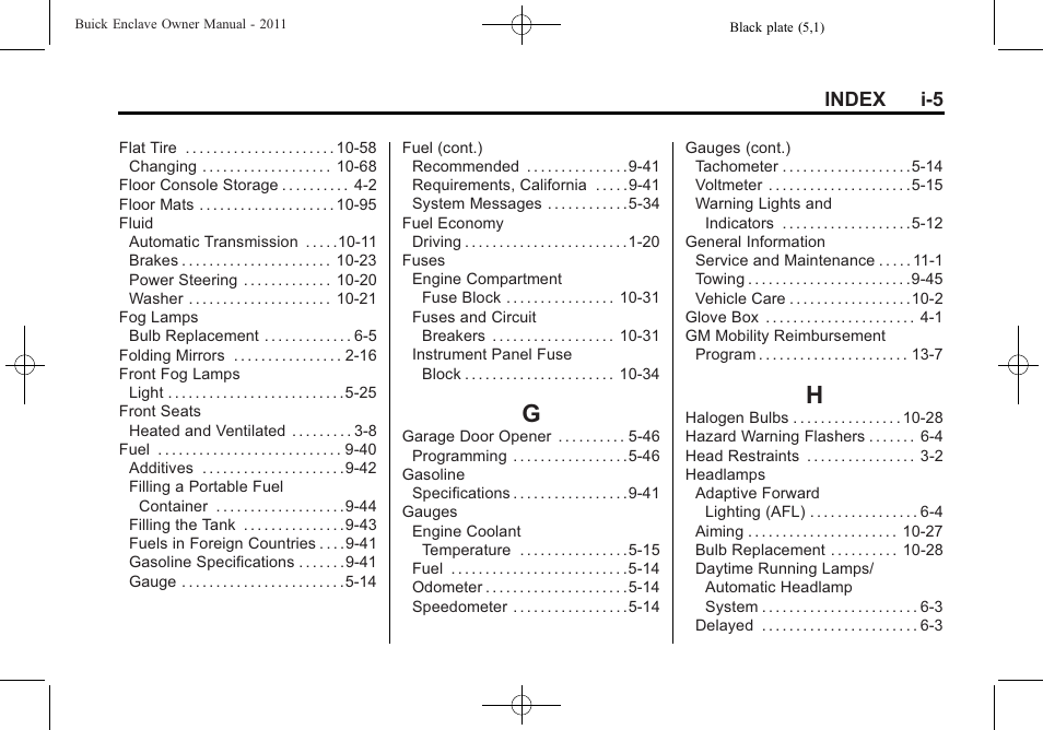 Index_g, Index_h, Index i-5 | Buick 2011 Enclave User Manual | Page 427 / 434