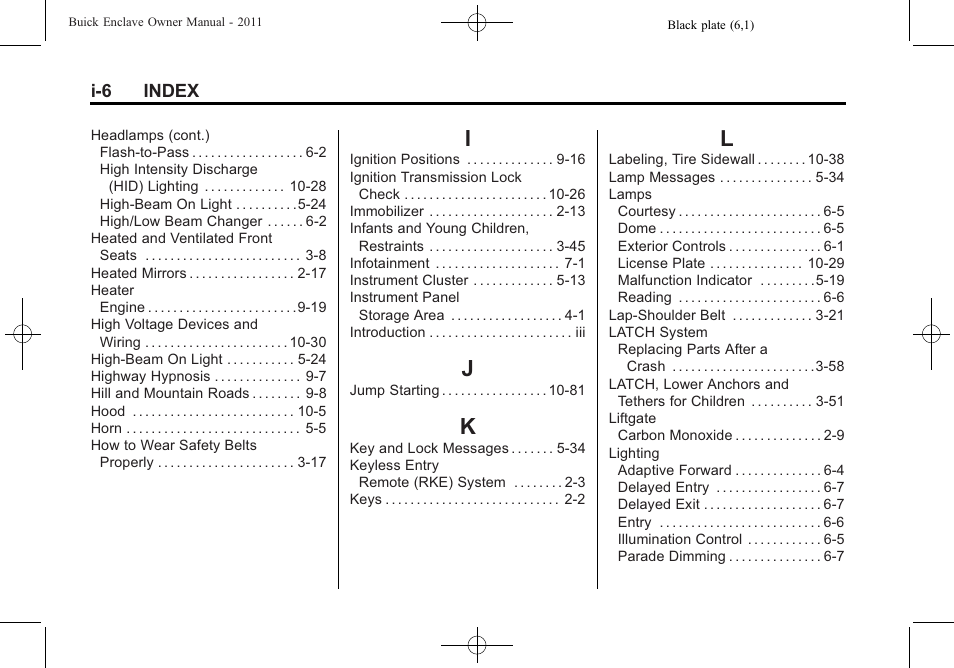 Index_i, Index_j, Index_k | Index_l | Buick 2011 Enclave User Manual | Page 428 / 434