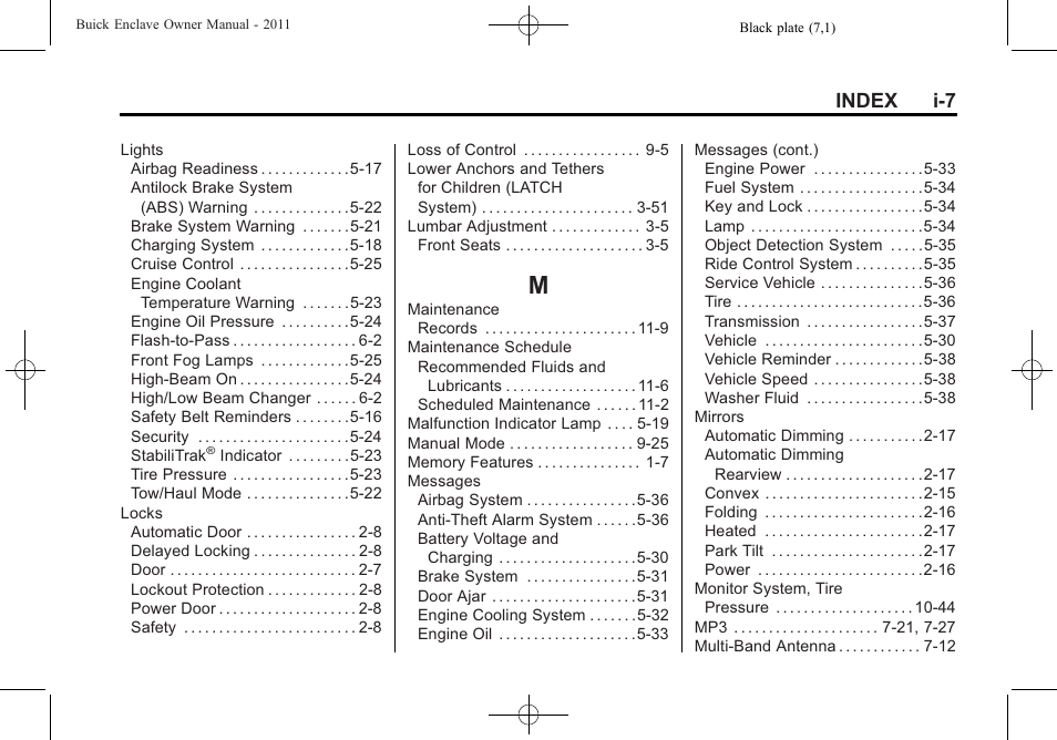 Index_m, Index i-7 | Buick 2011 Enclave User Manual | Page 429 / 434