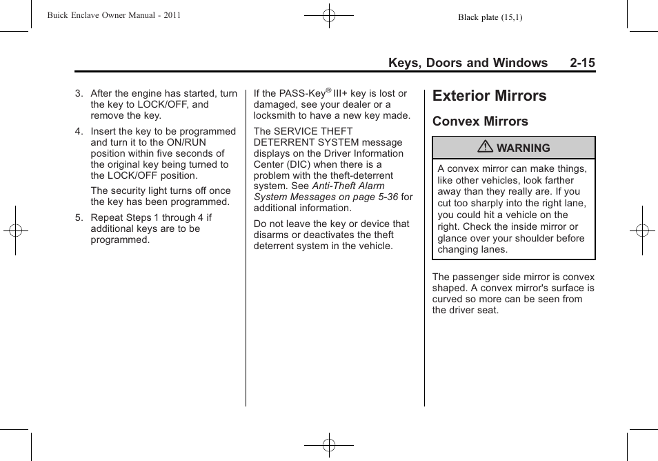 Exterior mirrors, Convex mirrors, Exterior mirrors -15 | Roof rack, Convex mirrors -15 | Buick 2011 Enclave User Manual | Page 43 / 434