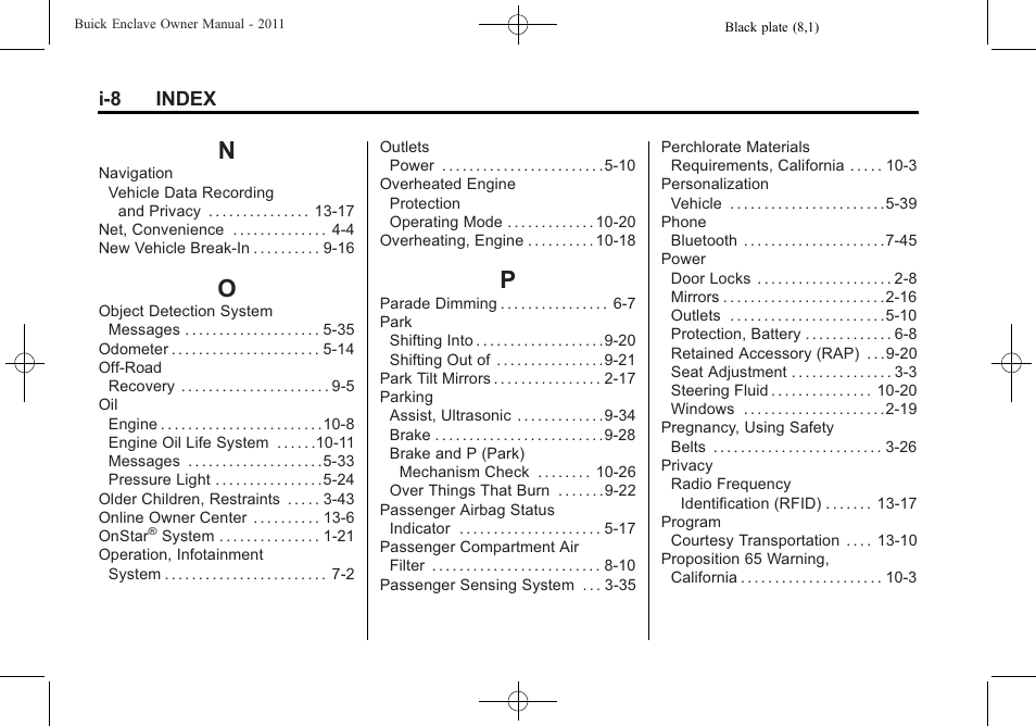 Index_n, Index_o, Index_p | I-8 index | Buick 2011 Enclave User Manual | Page 430 / 434