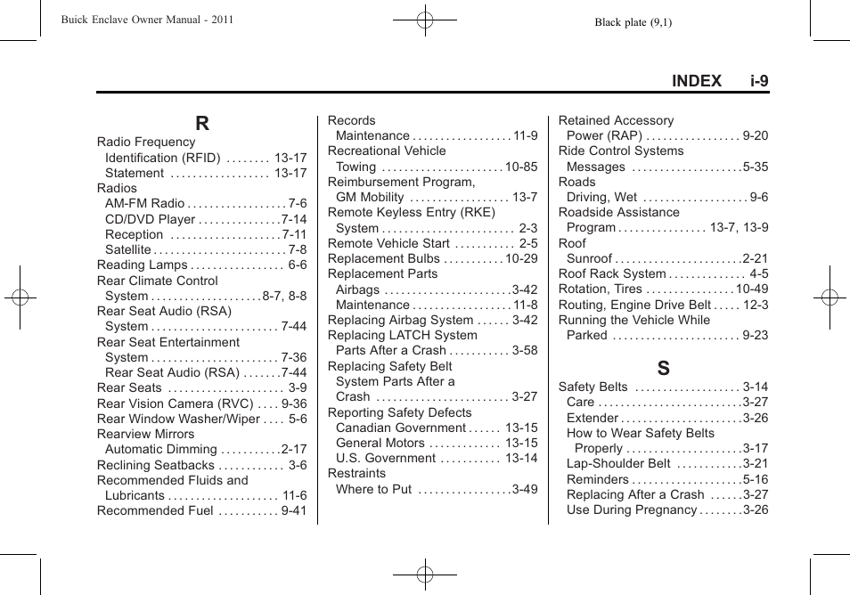 Index_r, Index_s, Index i-9 | Buick 2011 Enclave User Manual | Page 431 / 434