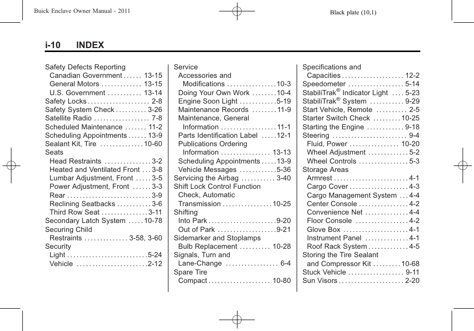 I-10 index | Buick 2011 Enclave User Manual | Page 432 / 434