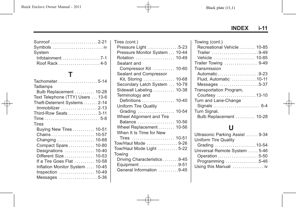 Index_t, Index_u, Index i-11 | Buick 2011 Enclave User Manual | Page 433 / 434