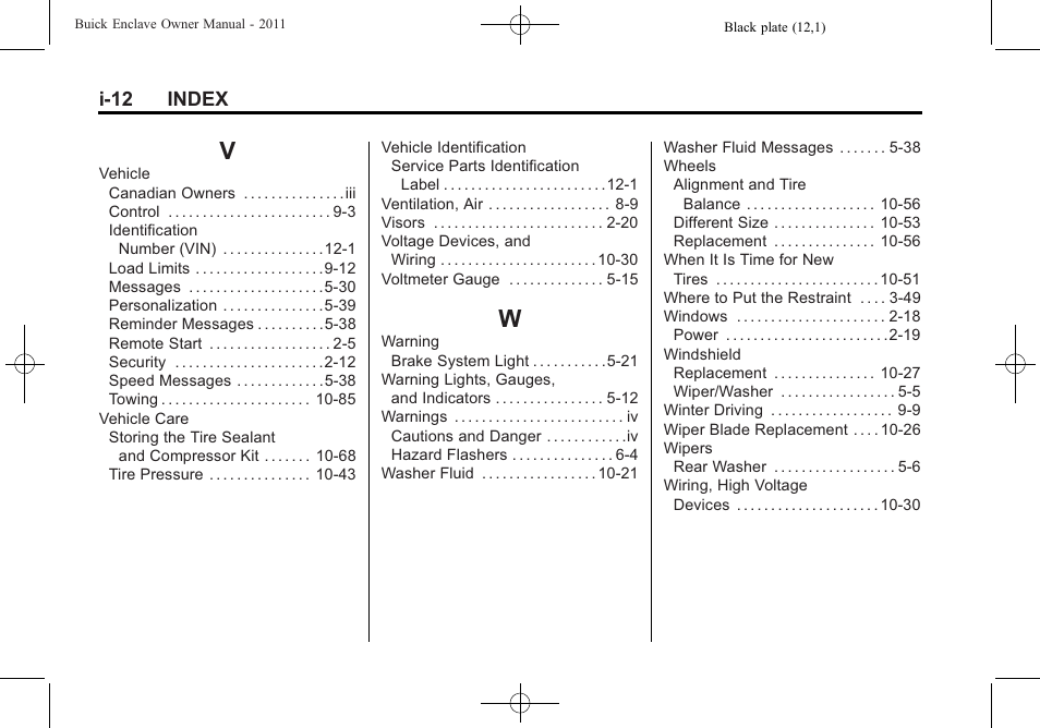 Index_v, Index_w, I-12 index | Buick 2011 Enclave User Manual | Page 434 / 434