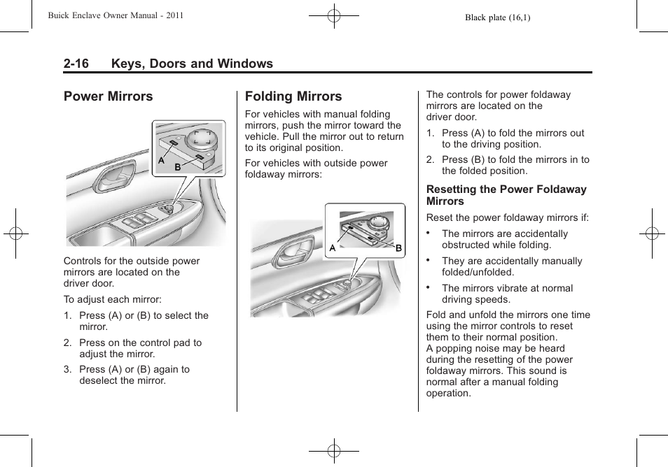 Power mirrors, Folding mirrors, Mirrors -16 | 16 keys, doors and windows | Buick 2011 Enclave User Manual | Page 44 / 434