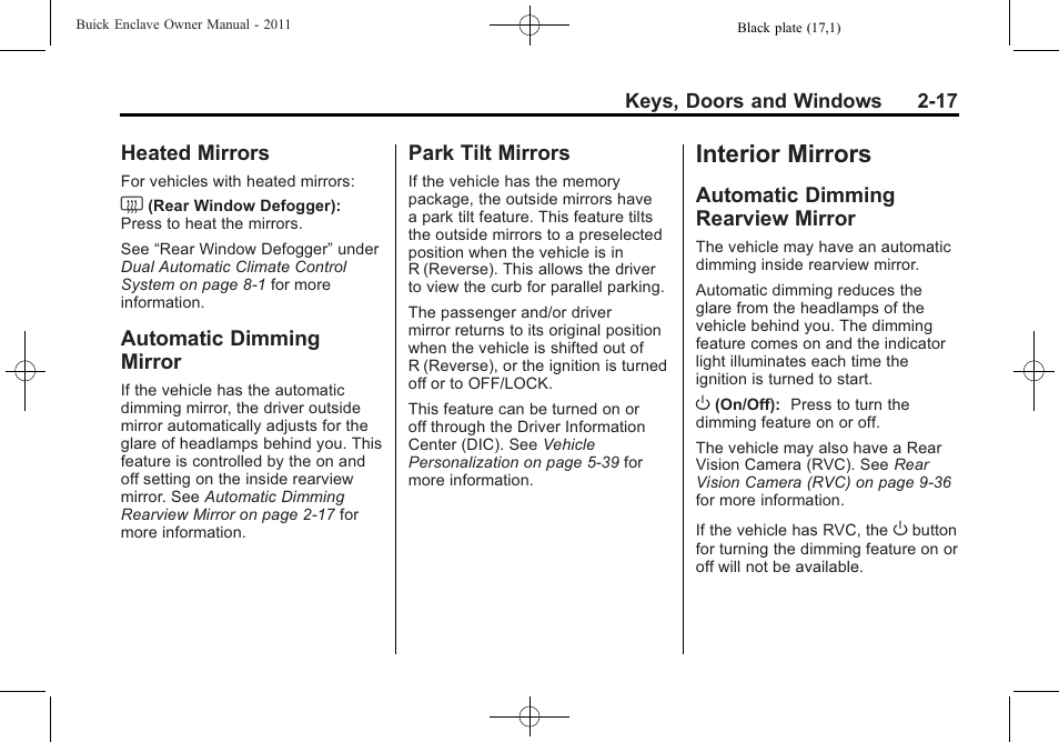 Heated mirrors, Automatic dimming mirror, Park tilt mirrors | Interior mirrors, Automatic dimming rearview mirror, Interior mirrors -17, Dimming rearview, Mirror -17 | Buick 2011 Enclave User Manual | Page 45 / 434