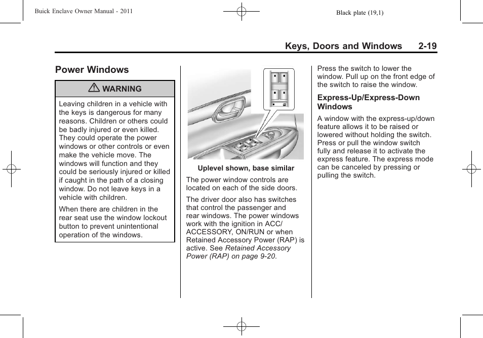 Power windows, Power windows -19 | Buick 2011 Enclave User Manual | Page 47 / 434