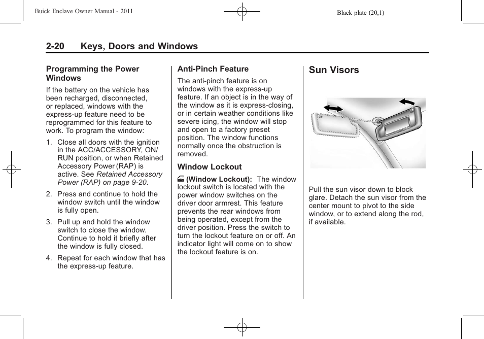 Sun visors, Sun visors -20 | Buick 2011 Enclave User Manual | Page 48 / 434
