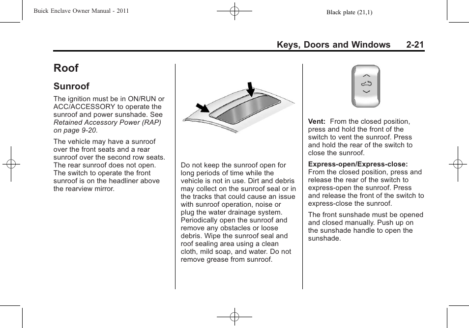 Roof, Sunroof, Roof -21 | Sunroof -21 | Buick 2011 Enclave User Manual | Page 49 / 434