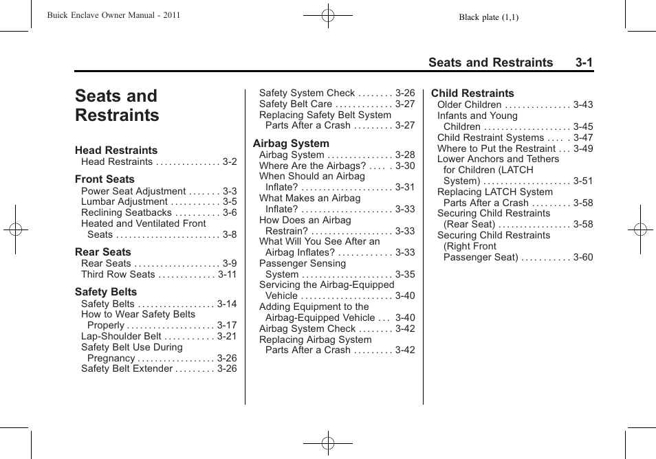 Seats and restraints, Seats and restraints -1, Seats and restraints 3-1 | Buick 2011 Enclave User Manual | Page 51 / 434