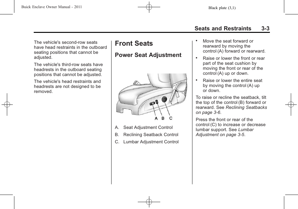 Front seats, Power seat adjustment, Power seat adjustment -3 | Seats and restraints 3-3 | Buick 2011 Enclave User Manual | Page 53 / 434