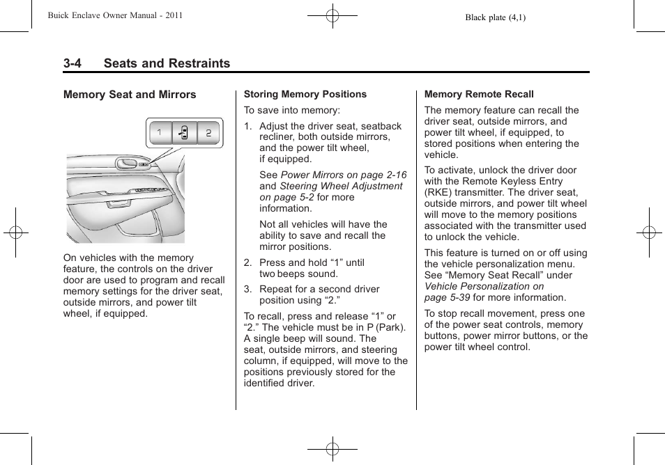 4 seats and restraints | Buick 2011 Enclave User Manual | Page 54 / 434