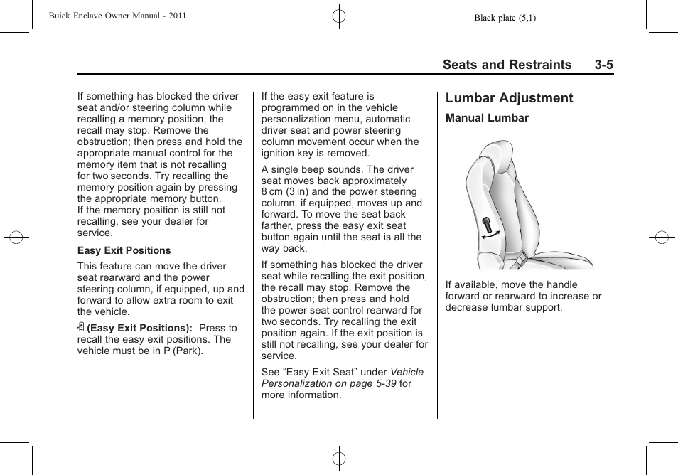Lumbar adjustment, Lumbar adjustment -5, What | Buick 2011 Enclave User Manual | Page 55 / 434