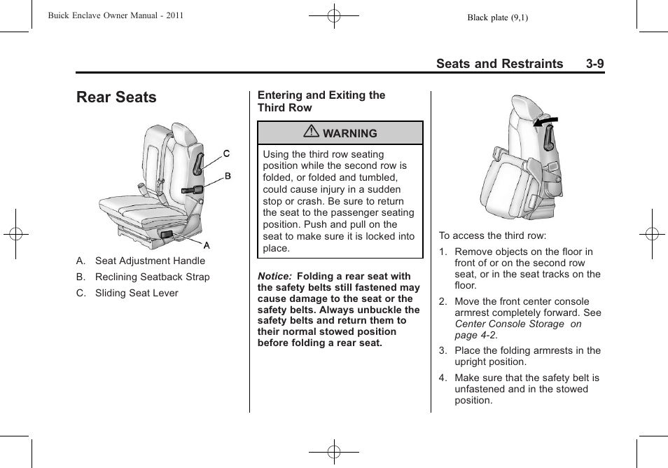 Rear seats, Lighting features, Rear seats -9 | Passenger | Buick 2011 Enclave User Manual | Page 59 / 434