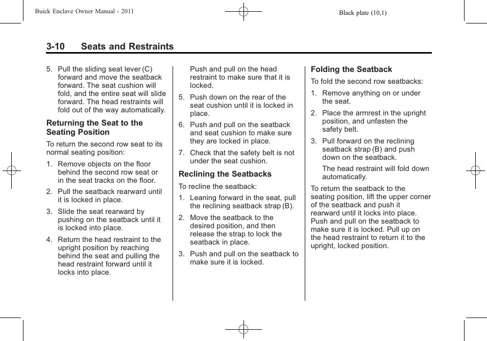 10 seats and restraints | Buick 2011 Enclave User Manual | Page 60 / 434