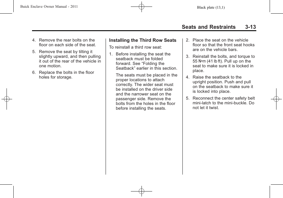 Seats and restraints 3-13 | Buick 2011 Enclave User Manual | Page 63 / 434