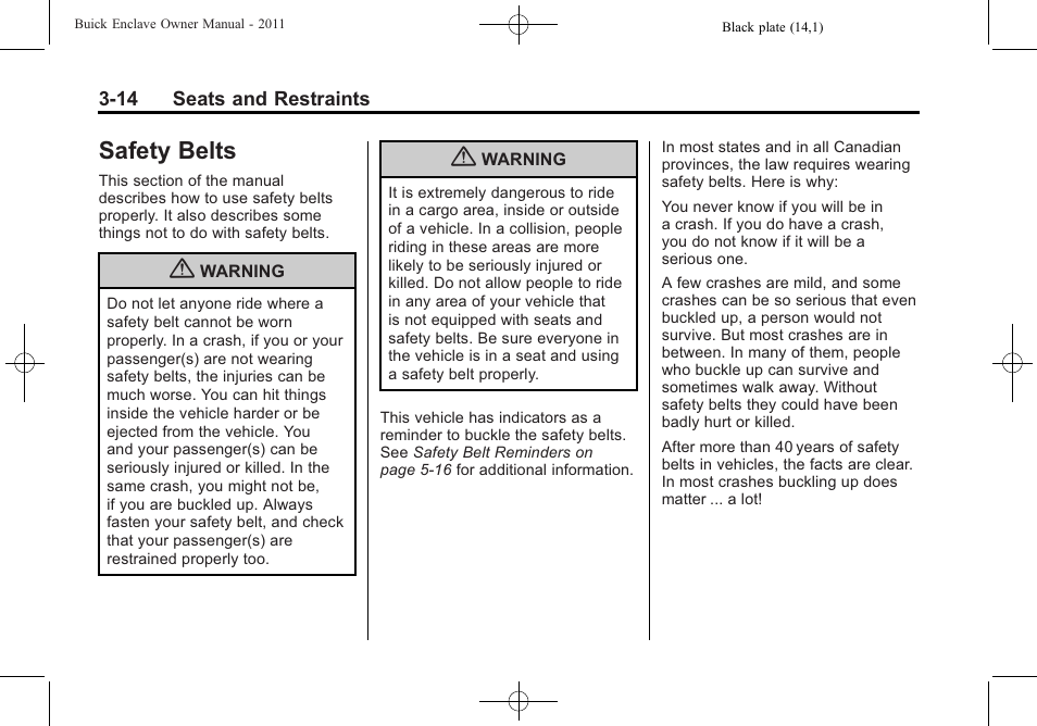 Safety belts, Safety belts -14, Adding | Buick 2011 Enclave User Manual | Page 64 / 434
