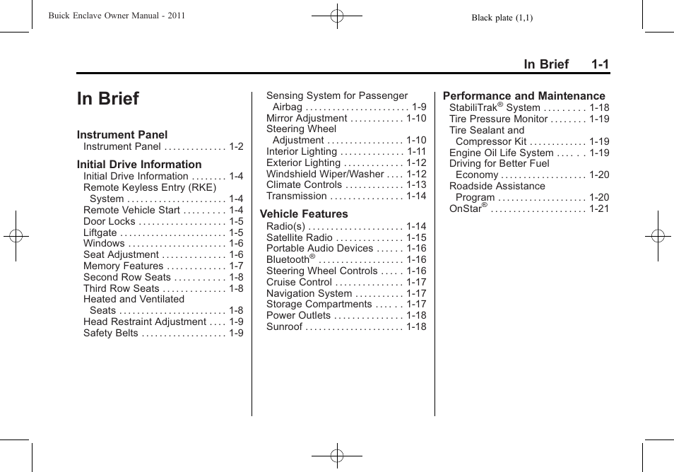 In brief, In brief -1 | Buick 2011 Enclave User Manual | Page 7 / 434