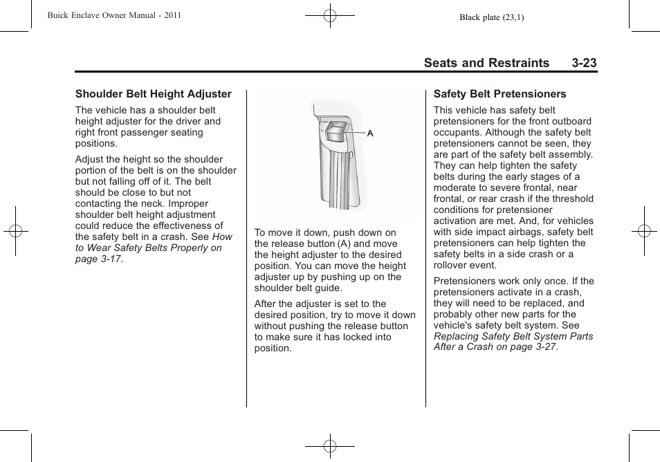 Seats and restraints 3-23 | Buick 2011 Enclave User Manual | Page 73 / 434