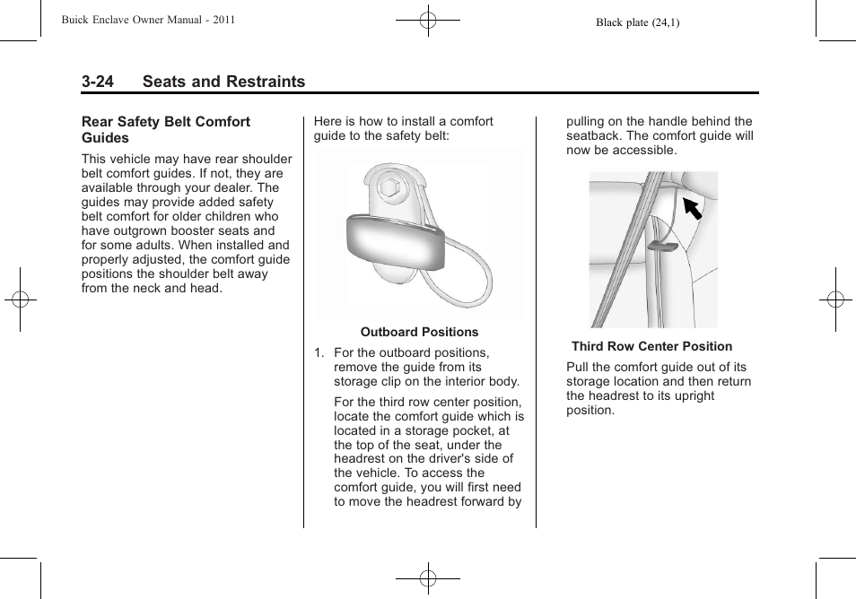 24 seats and restraints | Buick 2011 Enclave User Manual | Page 74 / 434