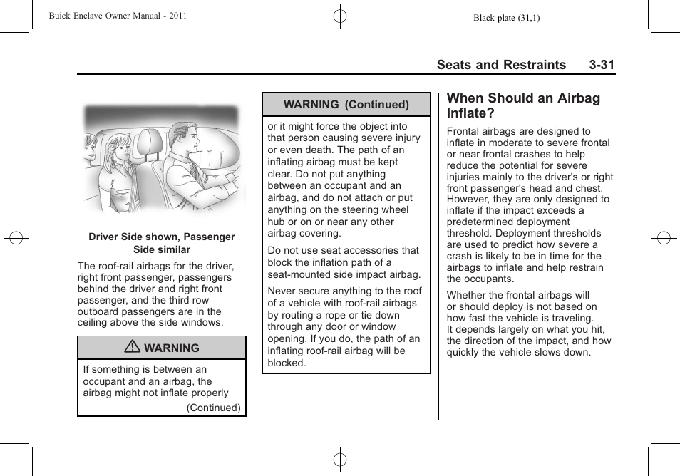 When should an airbag inflate, When should an airbag, Inflate? -31 | Buick 2011 Enclave User Manual | Page 81 / 434